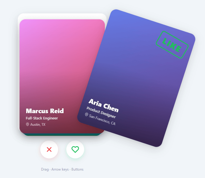 Screenshot of the Swipe Cards snippet rendered live