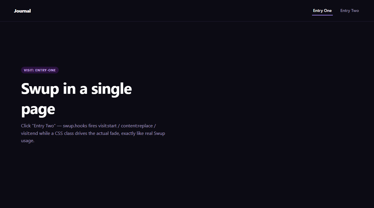 Screenshot of the Swup Page Transition snippet rendered live