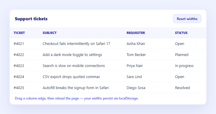 Screenshot of the Column Widths That Persist (localStorage) snippet rendered live