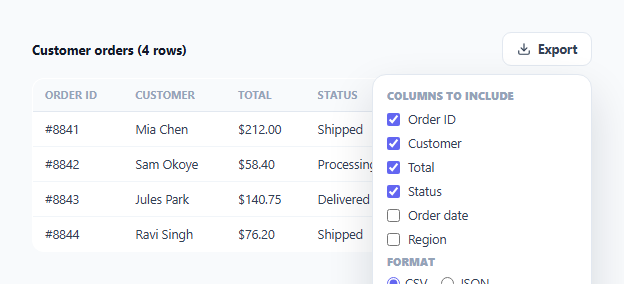 Screenshot of the Table Export with Column Selector — Choose Exactly What Gets Exported snippet rendered live