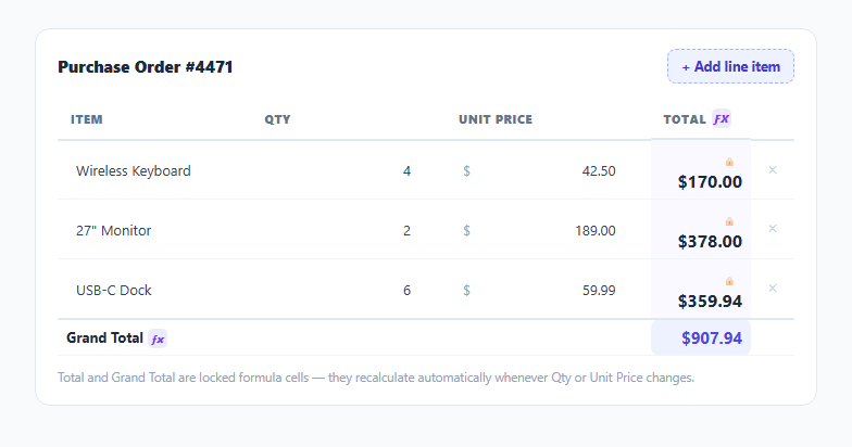 Screenshot of the Formula-Calculated Columns Table snippet rendered live