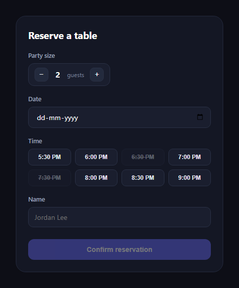 Screenshot of the Restaurant Table Reservation Form snippet rendered live