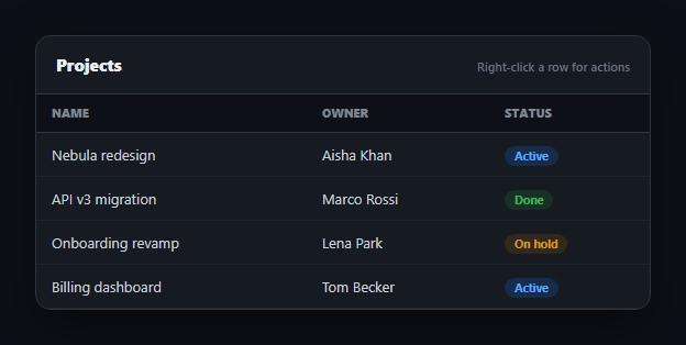 Screenshot of the Table Row Right-Click Context Menu snippet rendered live