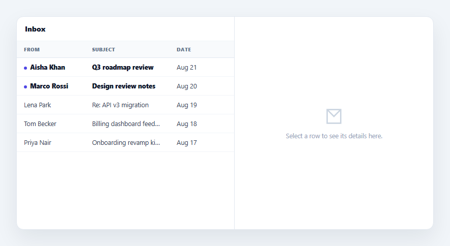 Screenshot of the Table Row Detail Panel (Master-Detail) snippet rendered live