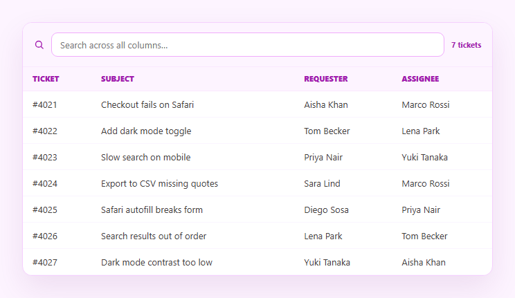 Screenshot of the Live Search with Highlighted Matches snippet rendered live