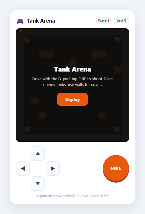 Screenshot of the Tank Arena Game snippet rendered live