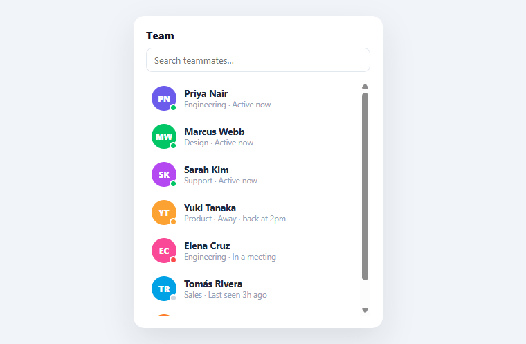 Screenshot of the Team Presence List snippet rendered live