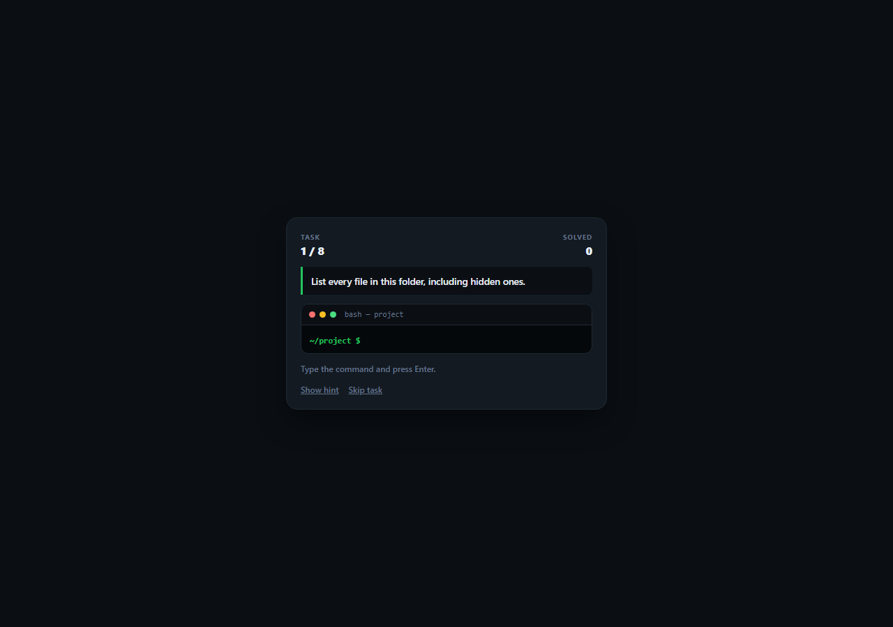 Screenshot of the Terminal Command Game snippet rendered live
