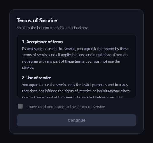 Screenshot of the Terms Acceptance Checkbox Pattern snippet rendered live