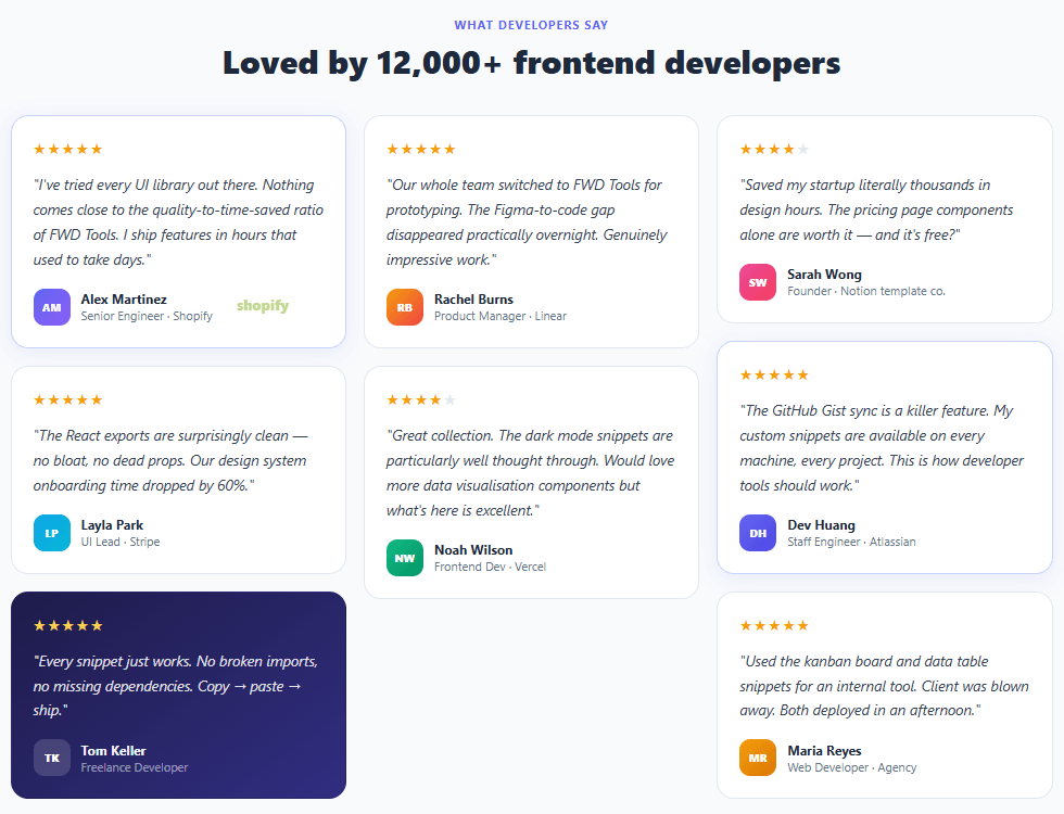 Screenshot of the Testimonial Masonry Wall snippet rendered live