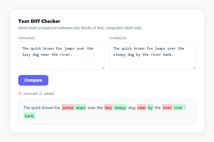 Screenshot of the Text Diff Checker snippet rendered live
