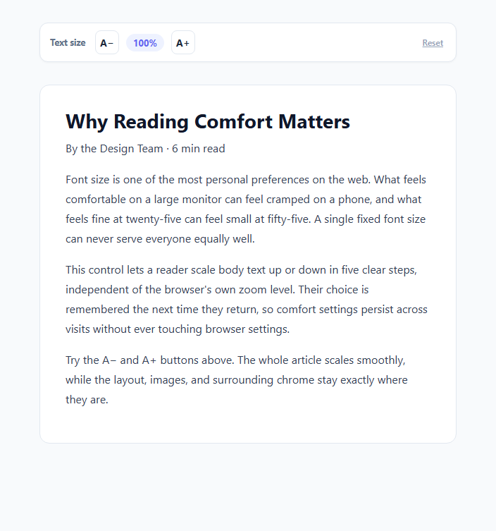 Screenshot of the Text Size Adjuster (A- / A+ Control) snippet rendered live