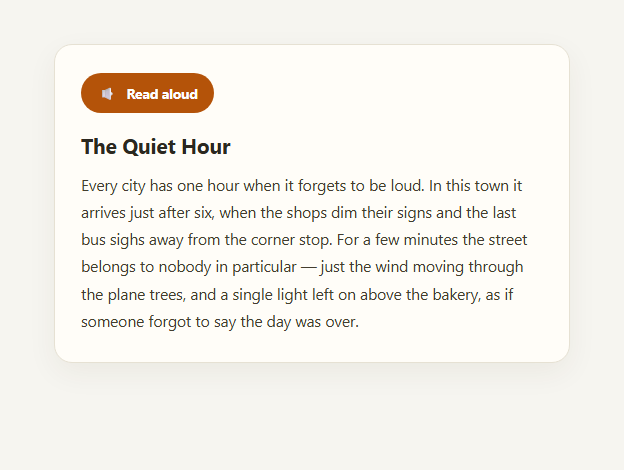 Screenshot of the Text-to-Speech Button snippet rendered live