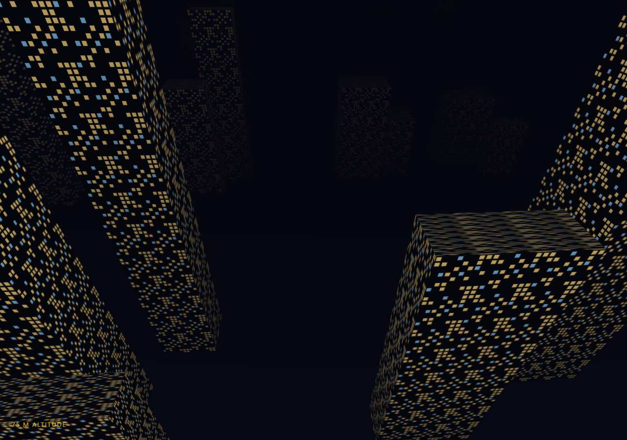 Screenshot of the Three.js Scroll City Flyover snippet rendered live
