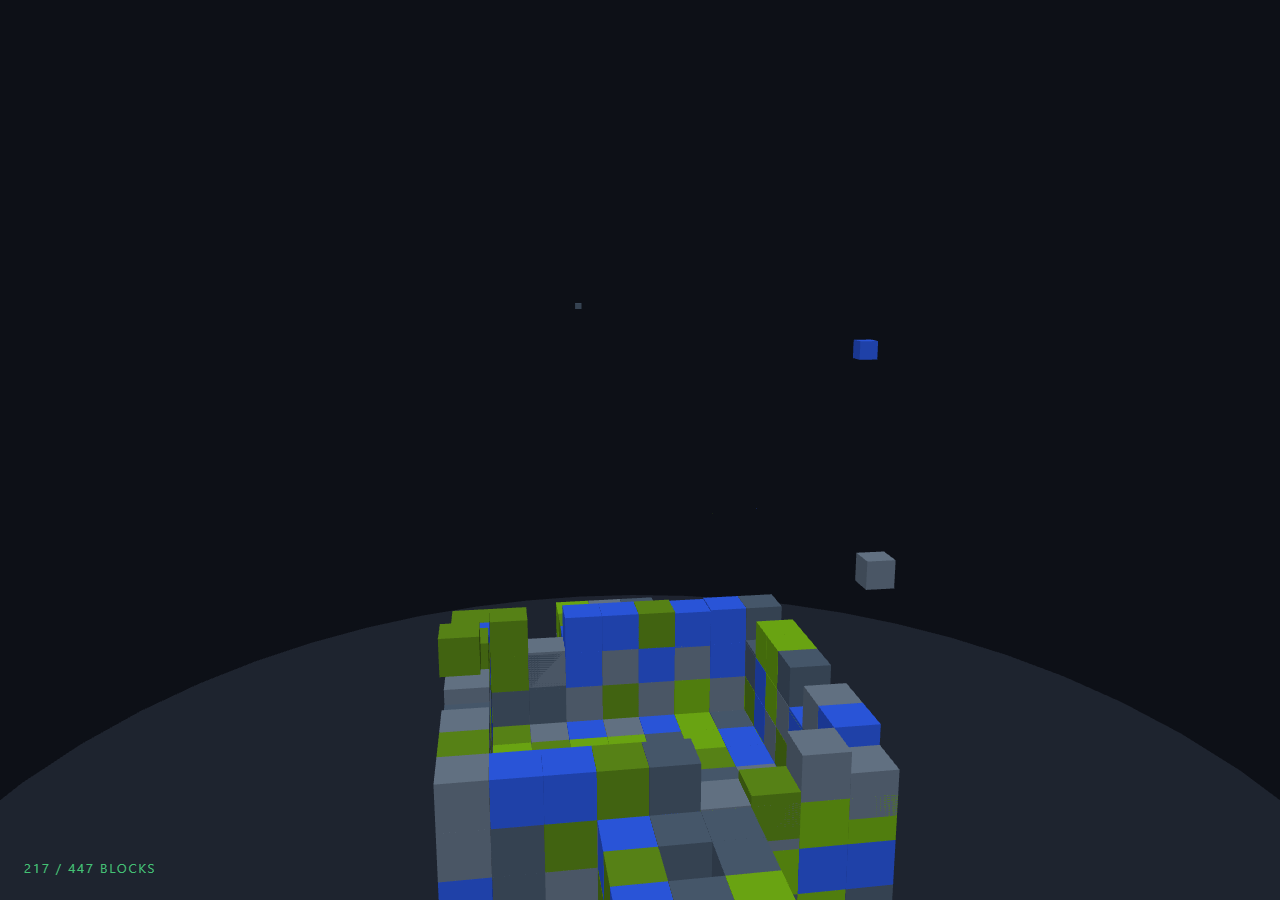 Screenshot of the Three.js Scroll Voxel Tower Build snippet rendered live