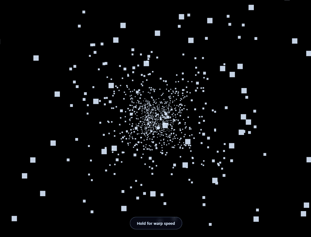 Screenshot of the Three.js Starfield Warp snippet rendered live