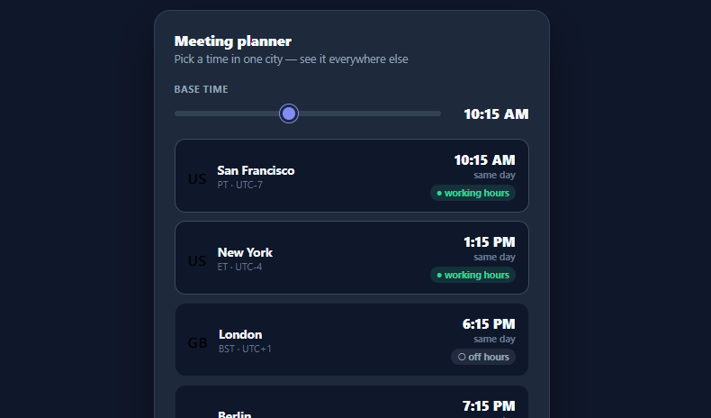 Screenshot of the Timezone Converter snippet rendered live