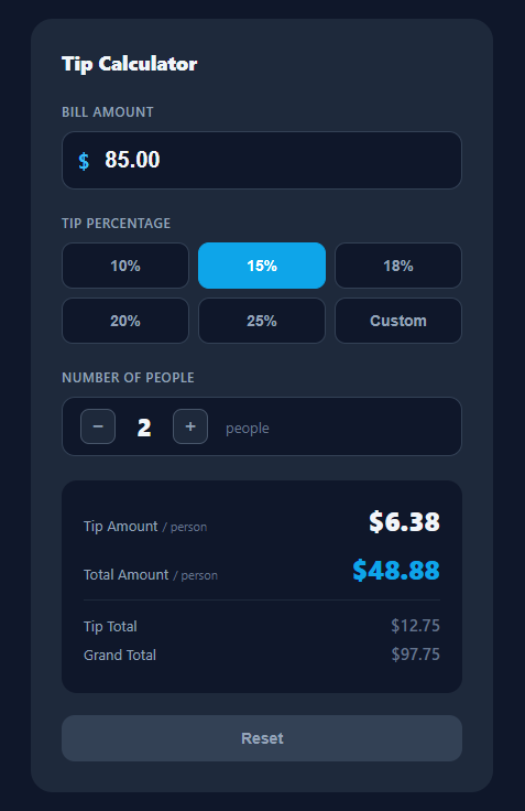 Screenshot of the Tip Calculator snippet rendered live