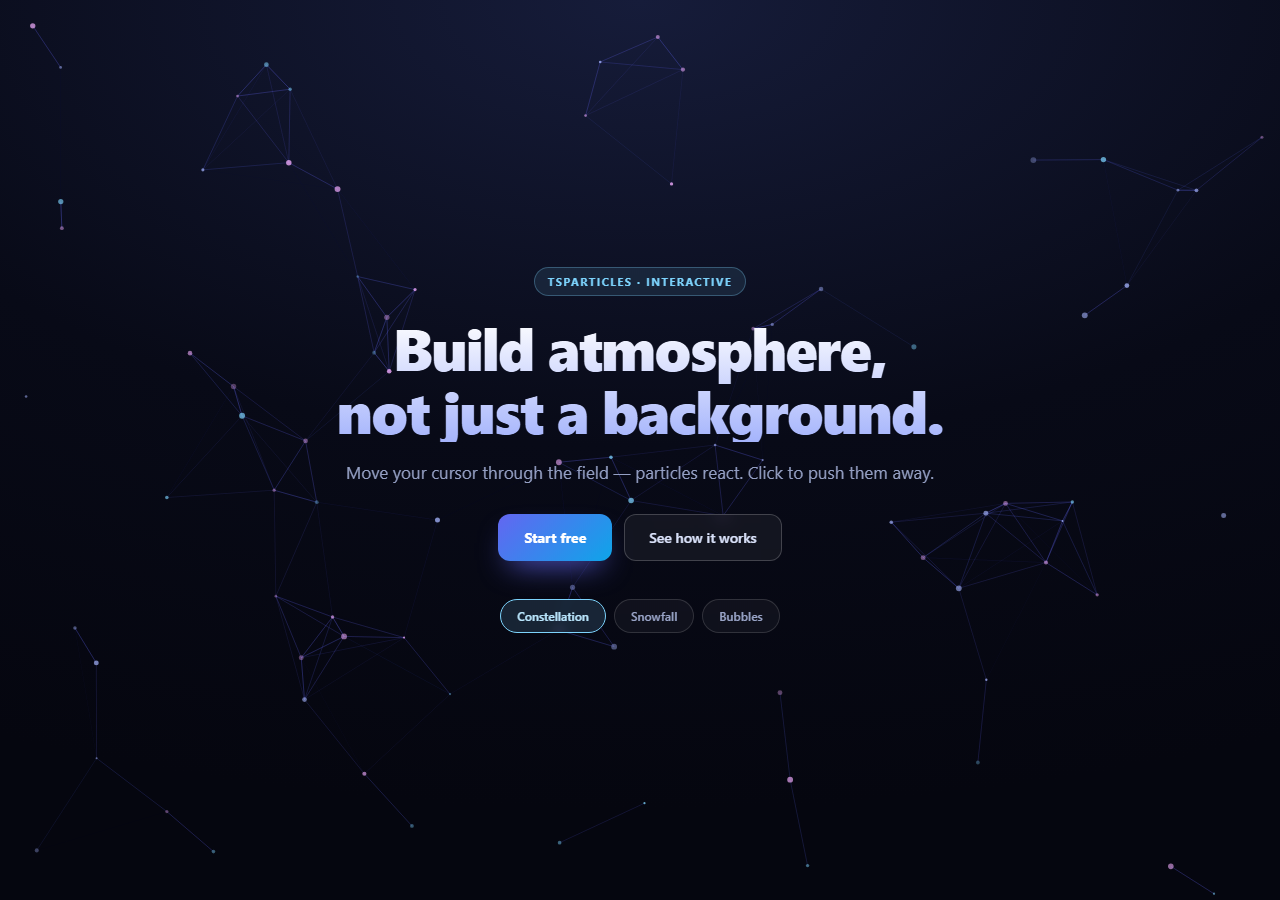 Screenshot of the tsParticles Interactive Hero snippet rendered live
