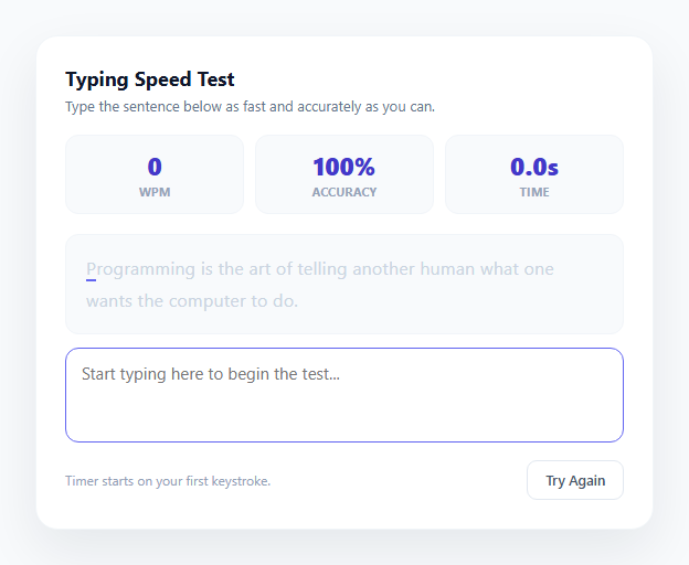 Screenshot of the Typing Speed Test (WPM Counter) snippet rendered live