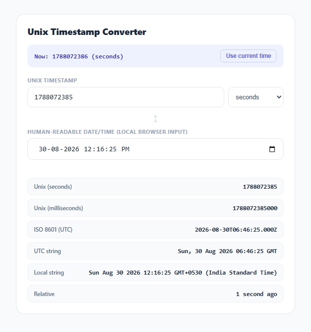Screenshot of the Unix Timestamp Converter snippet rendered live
