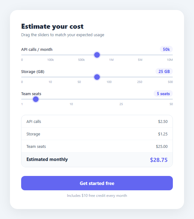 Screenshot of the Usage Pricing Calculator snippet rendered live