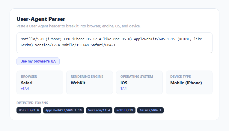 Screenshot of the User-Agent String Parser snippet rendered live
