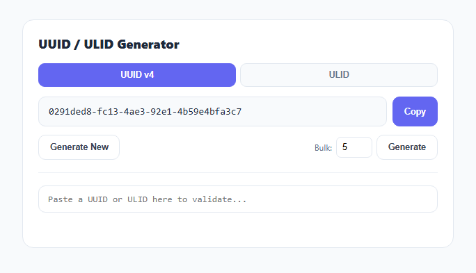 Screenshot of the UUID / ULID Generator & Validator snippet rendered live