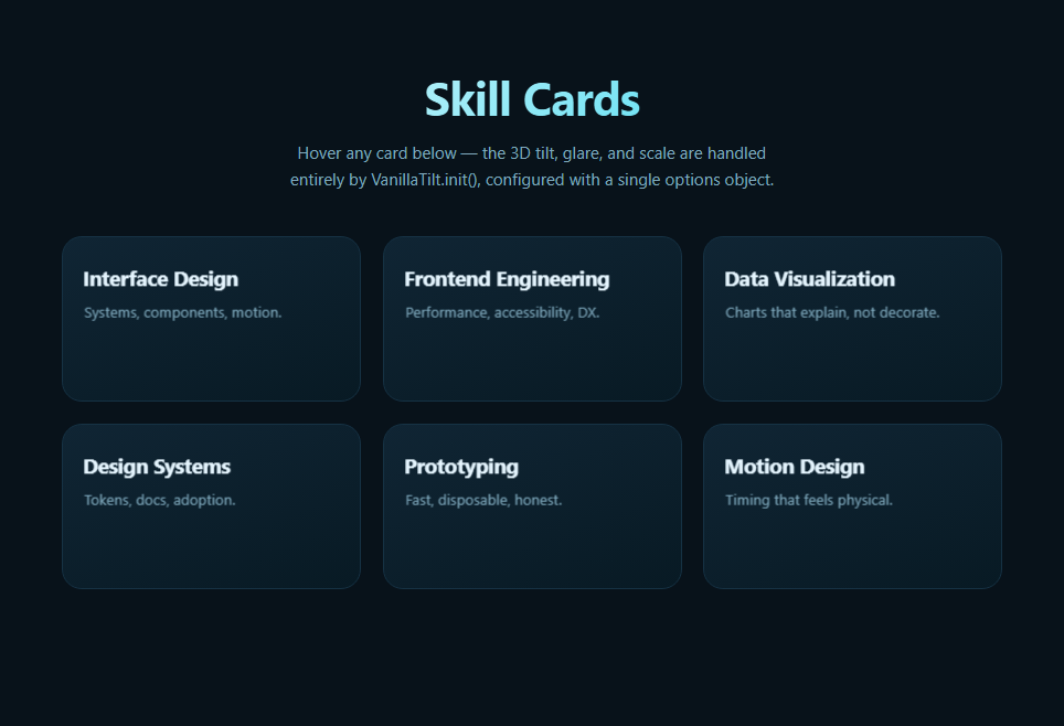 Screenshot of the Vanilla-Tilt 3D Card Grid snippet rendered live