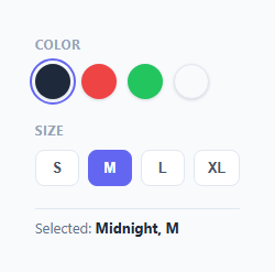 Screenshot of the Variant Swatch Picker snippet rendered live