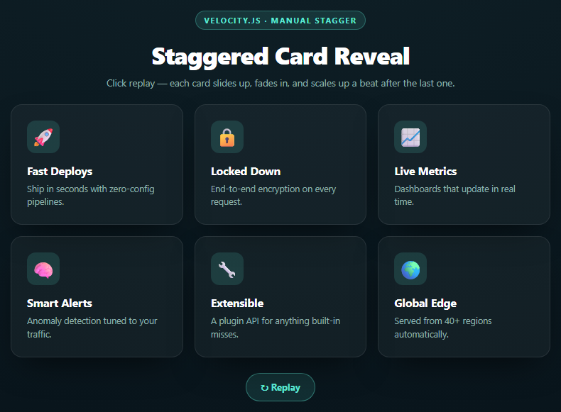 Velocity.js Staggered Card Reveal