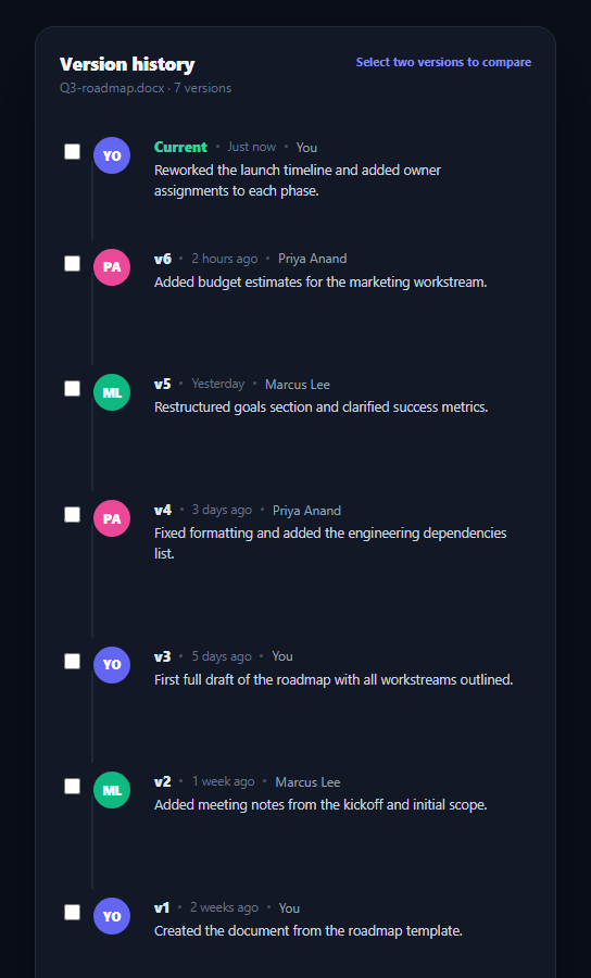 Screenshot of the Version History Timeline snippet rendered live