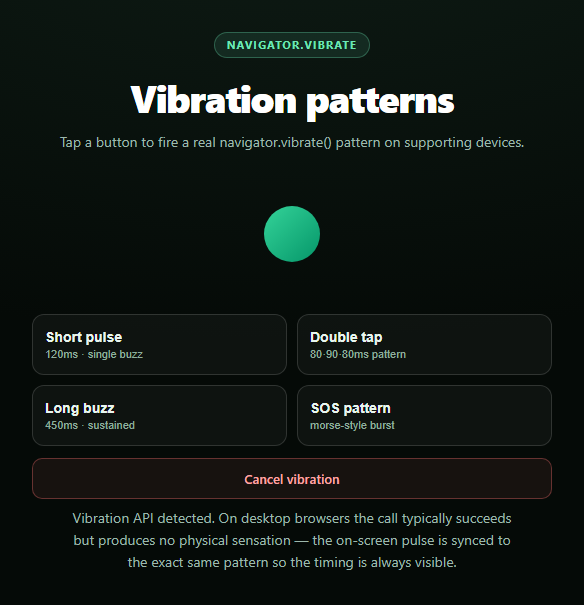 Screenshot of the Vibration API Pattern Demo snippet rendered live