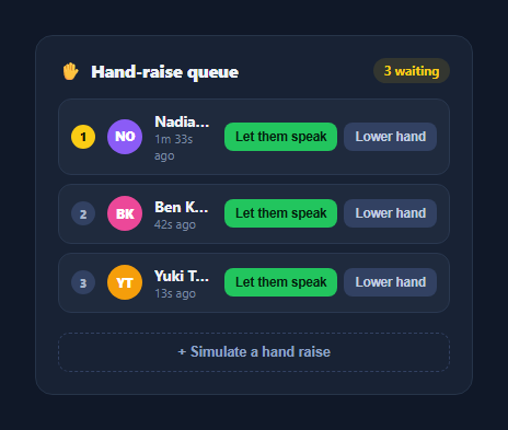 Screenshot of the Video Call Hand-Raise Queue snippet rendered live