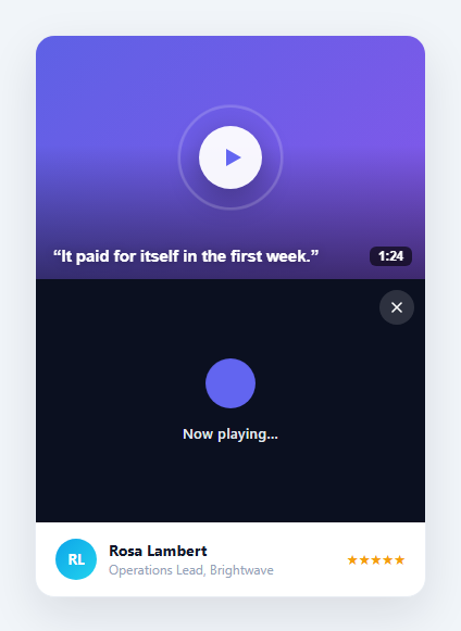 Screenshot of the Video Testimonial Card snippet rendered live