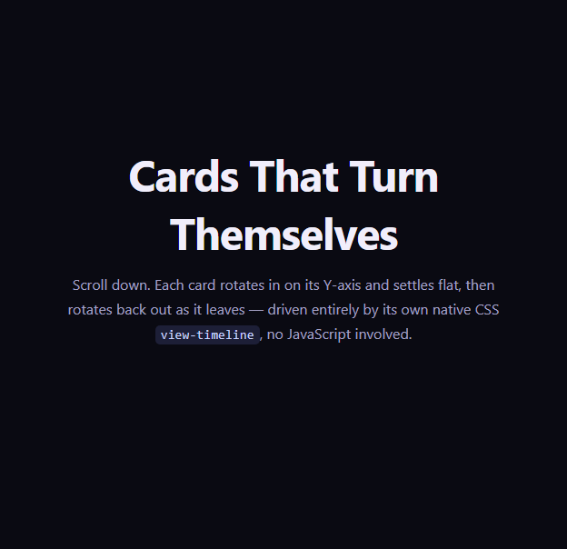 Screenshot of the 3D Card Rotate on Scroll (view-timeline) snippet rendered live
