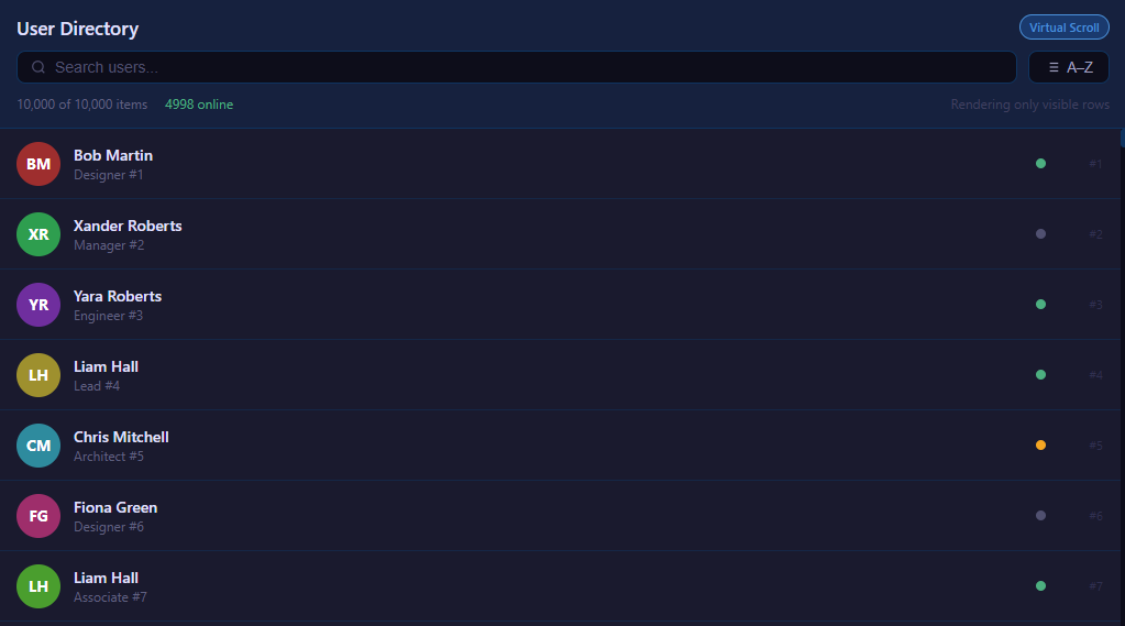 Screenshot of the Virtual Scroll List snippet rendered live
