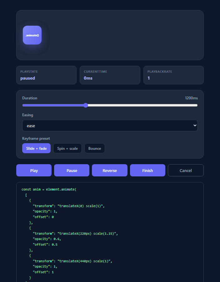 Screenshot of the Web Animations API (WAAPI) Playground snippet rendered live