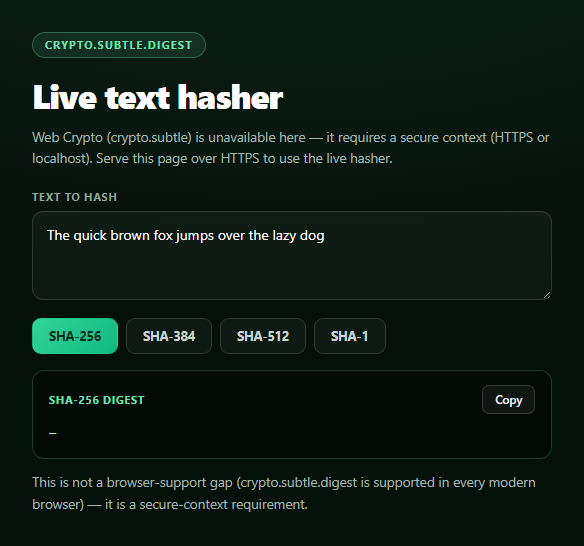 Screenshot of the Web Crypto Hash Demo snippet rendered live