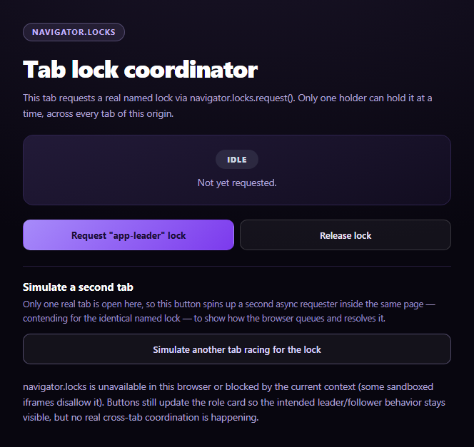 Screenshot of the Web Locks API Tab Coordinator snippet rendered live