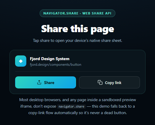 Screenshot of the Web Share Button snippet rendered live