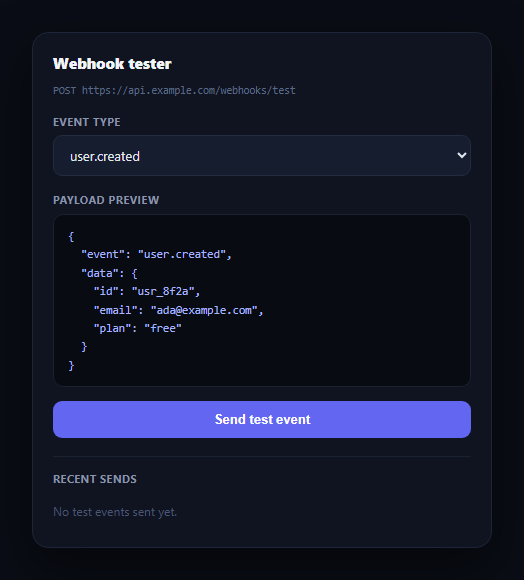 Screenshot of the Webhook Event Tester snippet rendered live