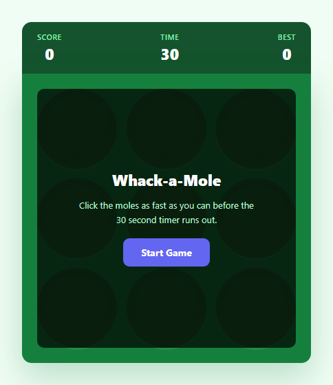 Screenshot of the Whack-a-Mole Game snippet rendered live