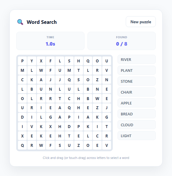 Screenshot of the Word Search Puzzle Grid snippet rendered live