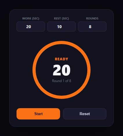 Screenshot of the Workout Interval Timer snippet rendered live